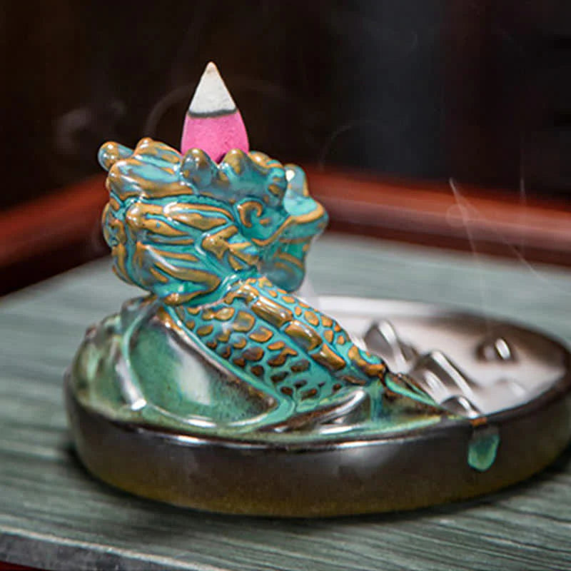 Dragon Pattern Ceramic Backflow Smoke Fountain Incense Burner Decoration (Extra 35% Off | USE CODE: FS35)