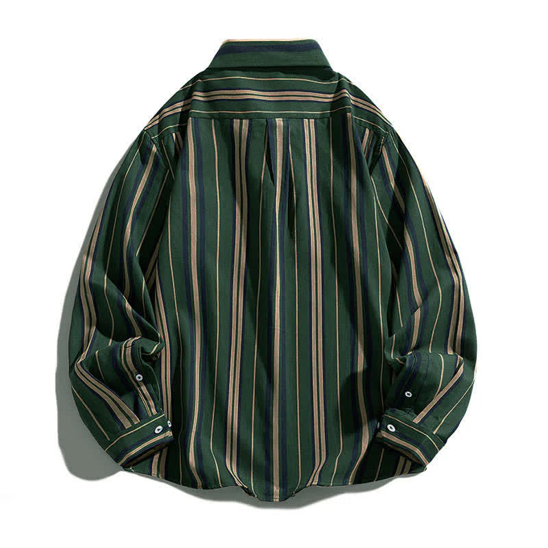 Buddha Stones Retro Color Blocked Stripes Long Sleeve Button Men's Cotton Shirts With Pocket