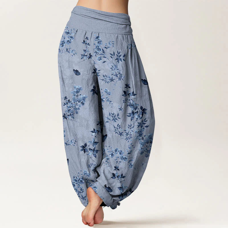 Buddha Stones Cotton Hazy Flower Leaf Pattern Women's Elastic Waist Harem Pants
