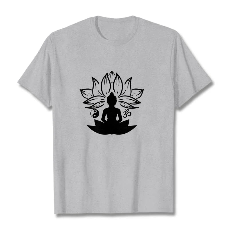 Buddha Stones Om Yin Yang Buddha Statue Sitting Lotus Meditation Tee T-shirt