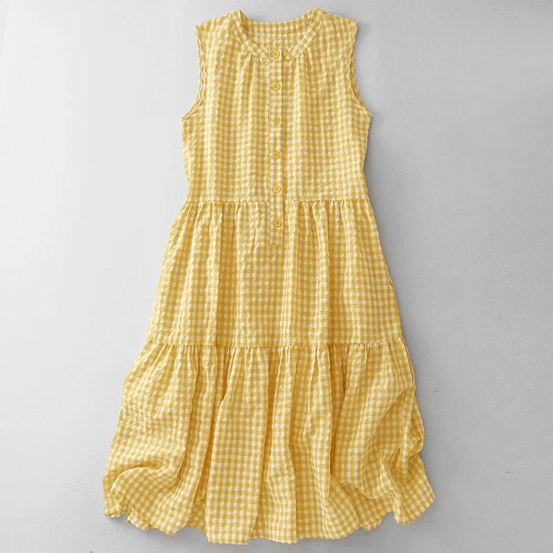 Buddha Stones Crew Neck Sleeveless Plaid Summer Cotton Knee Length Dress