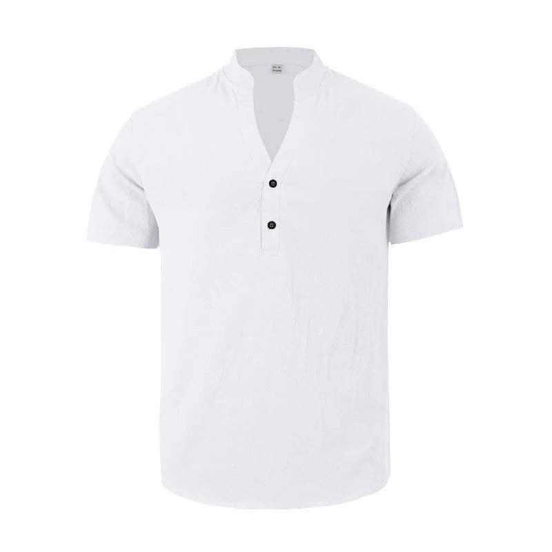 Buddha Stones Solid Summer Short Sleeve Half Buttons Linen Men's Shirt