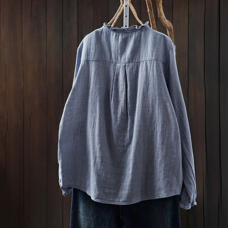 Buddha Stones Fall Small Plaid Button Down Ruffle Collar Long Sleeve Women's Cotton Shirt
