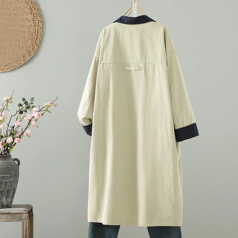 Buddha Stones Fall Lapel Buttons Patchwork Design Women's Cotton Long Sleeve Coat With Pockets