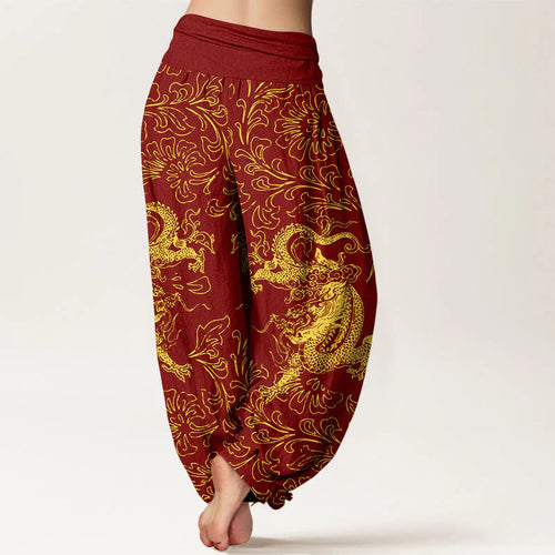 Buddha Stones Pure Cotton Dragon Floral Women's Elastic Waist Harem Pants