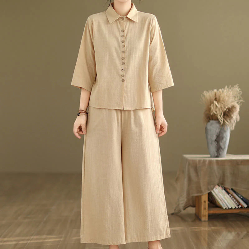 Buddha Stones 2pcs Casual Women's Stand Collar Shirt Loose Pants Meditation Clothing Set
