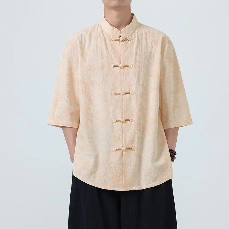 Buddha Stones Summer Dragon Auspicious Clouds Pattern Tang Suit Men's Frog-Button Half Sleeve Cotton Shirt