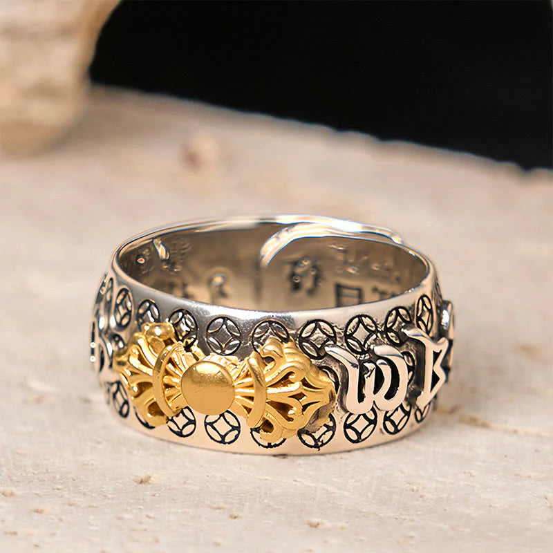 Buddha Stones Vintage Om Mani Padme Hum Vajra Copper Plated Silver Balance Ring