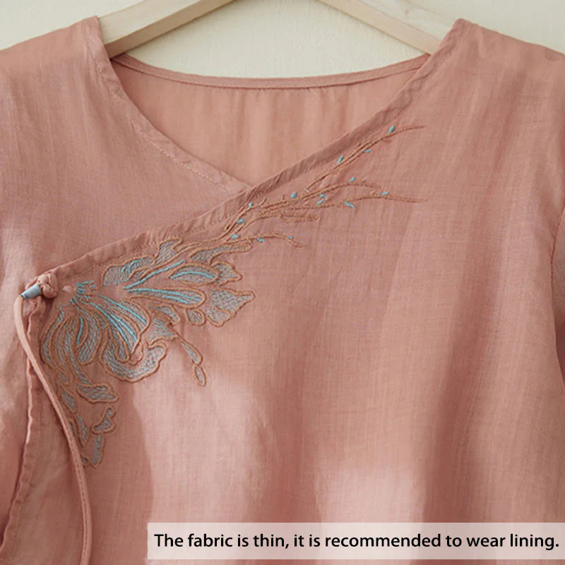 Buddha Stones Casual Women's Embroidery Plants Design Three Quarter Sleeve Cotton Linen Shirt