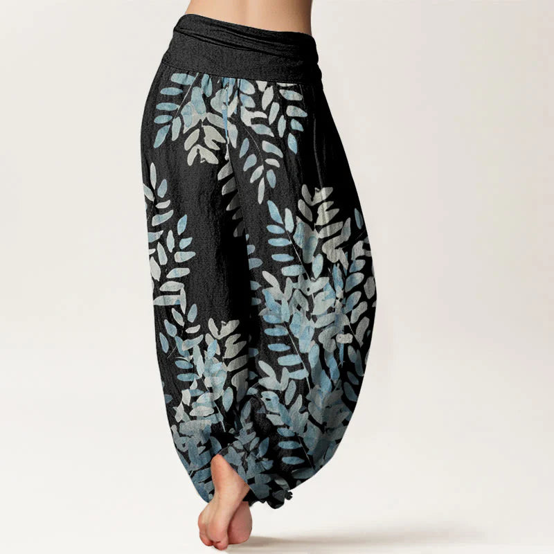 Buddha Stones Cotton Casual Plant Interlaced Leaves Pattern Women's Elastic Waist Harem Pants