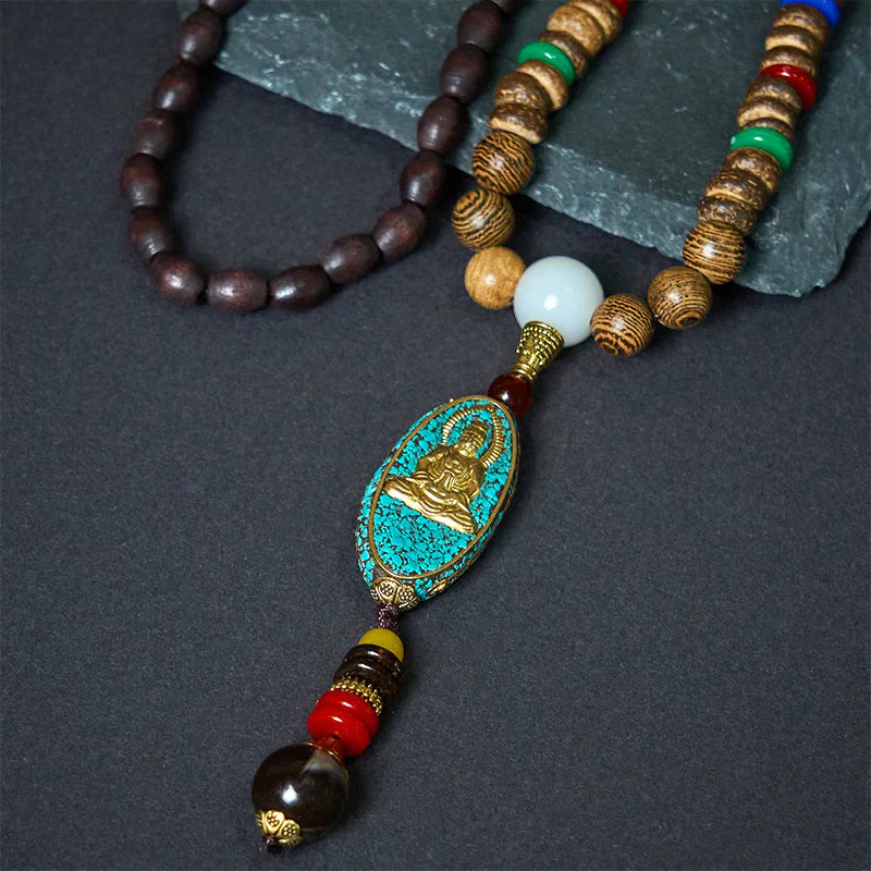 Buddha Stones Vintage Nepal Avalokitesvara Harmony Coconut Shell Beads Pendant Necklace
