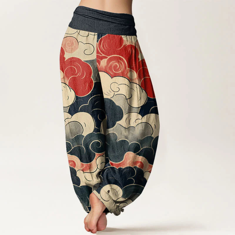 Buddha Stones Cotton Casual Auspicious Clouds Pattern Women's Elastic Waist Harem Pants
