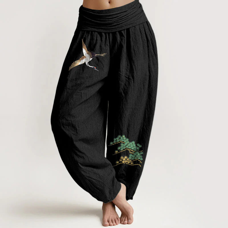 Buddha Stones Women's Pure Cotton Crane Pine Tree Pattern Elastic Waist Harem Pants