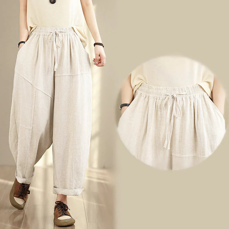 Buddha Stones Women's Fall Plain Color Drawstring Cotton Linen 7-8 Length Pants With Pockets