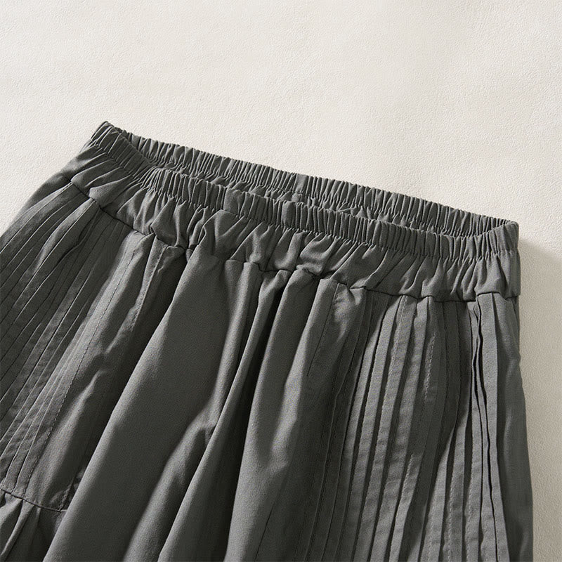 Buddha Stones Summer Pleated Design Elastic Waistband Cropped Women's Wide Leg Pants With Pockets