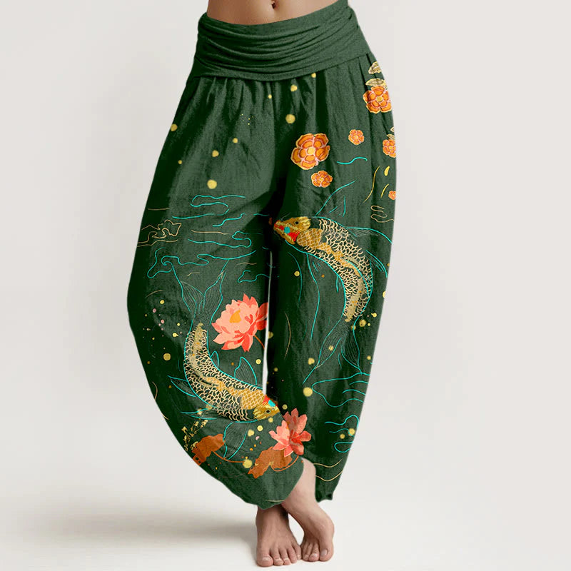 Buddha Stones Koi Fish Lotus Pattern Women's Elastic Waist Harem Pure Cotton Printed Pants