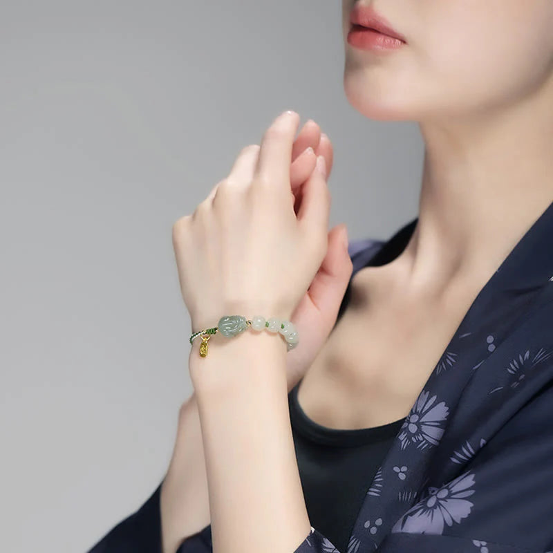 Buddha Stones Natural Hetian Jade PiXiu Luck Fu Character String Bracelet