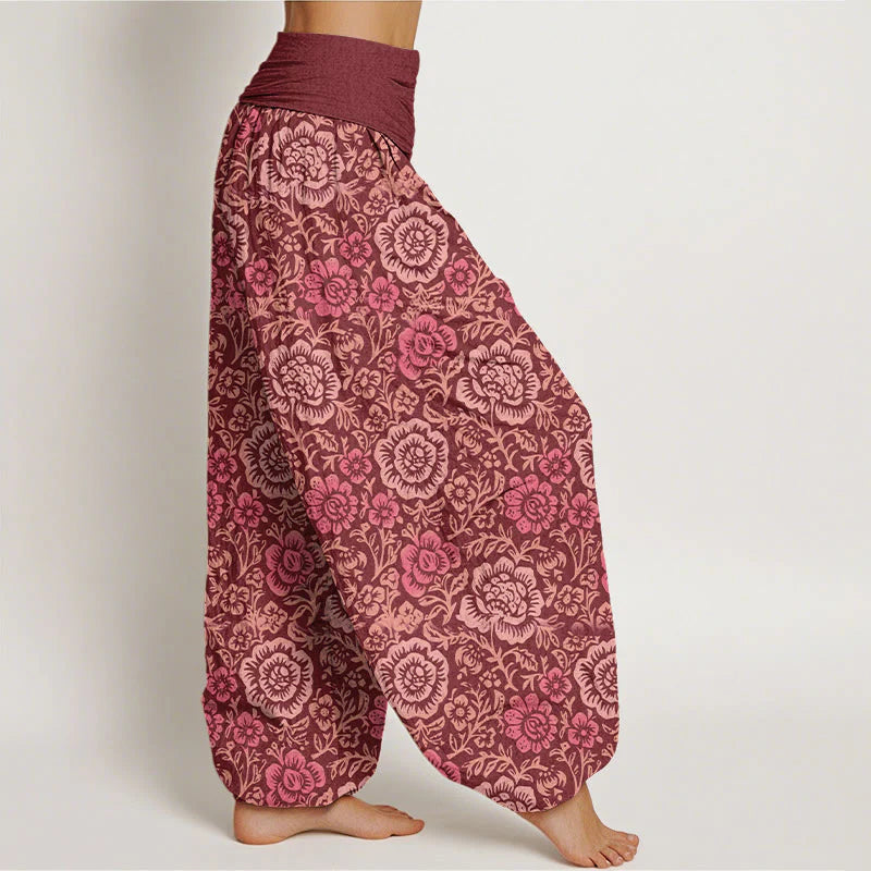Buddha Stones Pure Cotton Vintage Pastoral Floral Pattern Women's Elastic Waist Harem Pants