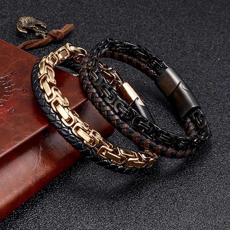 Buddha Stones Link Chain Double Wrap Braided Leather Balance Bracelet