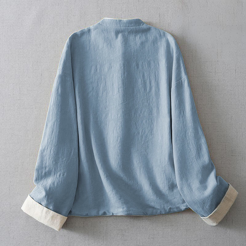 Buddha Stones Women's Plain Jacquard Stand Collar Long Sleeve Cotton Linen Jacket With Pockets