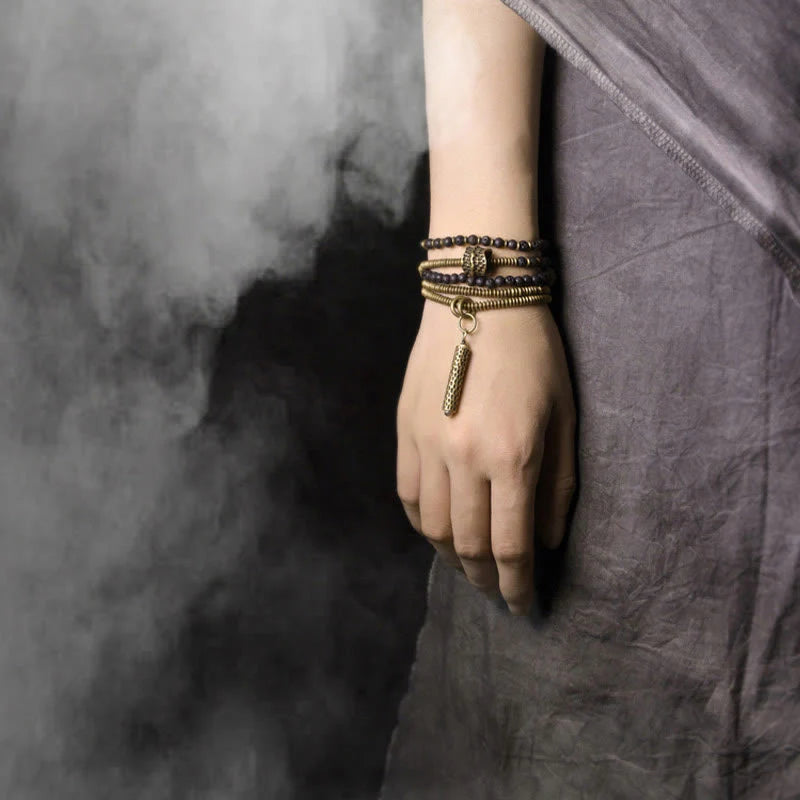 Buddha Stones Vintage Lava Rock Brass Copper Healing Multilayered Bracelet