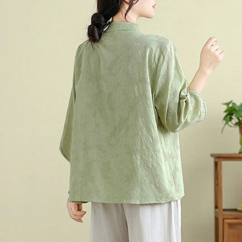 Buddha Stones Flower Embroidery Three Quarter Sleeve One Frog-Button Mandarin Collar Cotton Women's Shirt