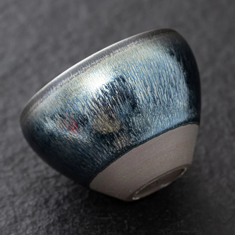 Buddha Stones Vintage Chinese Silver Blue Jianzhan Kiln Change Porcelain Teacup Kung Fu Tea Cup