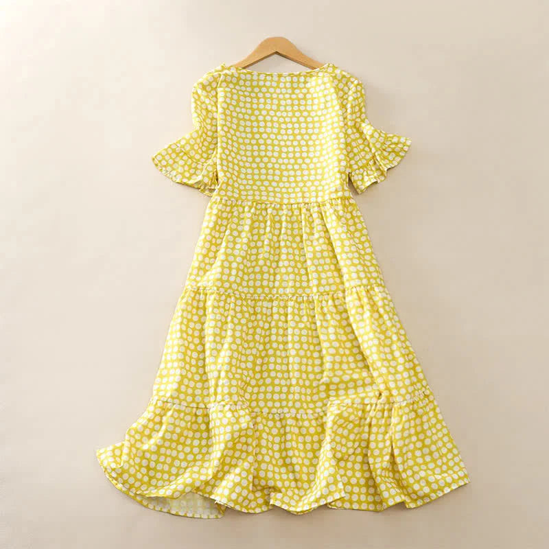 Buddha Stones Summer Elegant Polka Dot A Line Ruffle Hem Short Sleeve Knee Length Dress