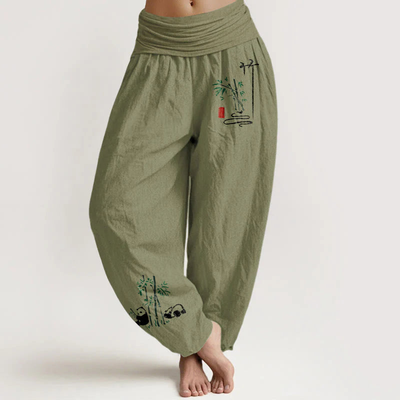 Buddha Stones Panda Bamboo Leaves Pattern Pure Cotton Women's Elastic Waist Harem Pants