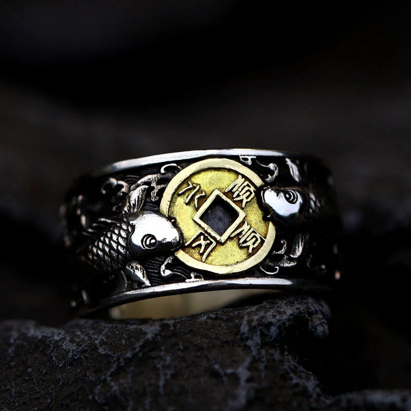 Buddha Stones Adjustable Opening 925 Sterling Silver Lucky Koi Fish Copper Coin Auspicious Clouds Wealth Ring