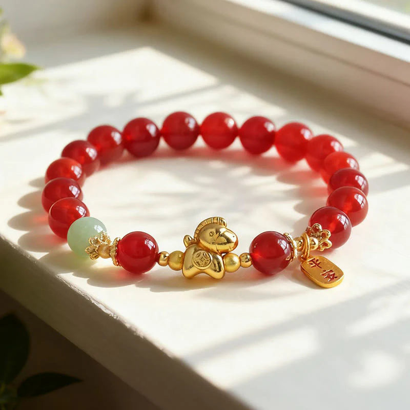 Buddha Stones Year Of The Horse Hetian Jade Black Obsidian Red Agate Strength Bracelet