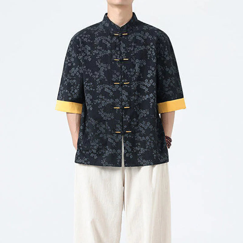 Buddha Stones Summer Peach Blossoms Pattern Chinese Frog-Button Cotton Linen Short Sleeve Men's Shirt