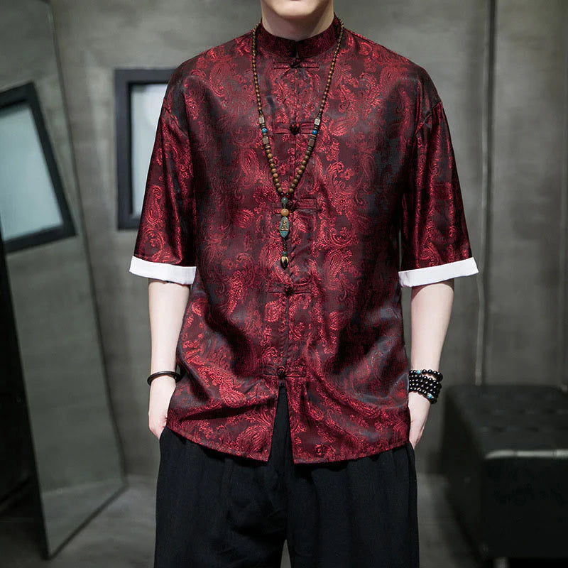 Buddha Stones Summer Cashew Flowers Pattern Men's Frog-Button Half Sleeve Shirts