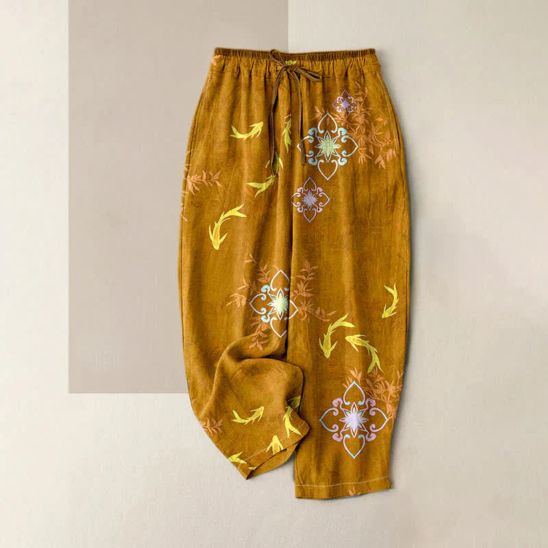 Buddha Stones Koi Fish Print Geometric Pattern Cotton Drawstring Women's Pants With Pockets