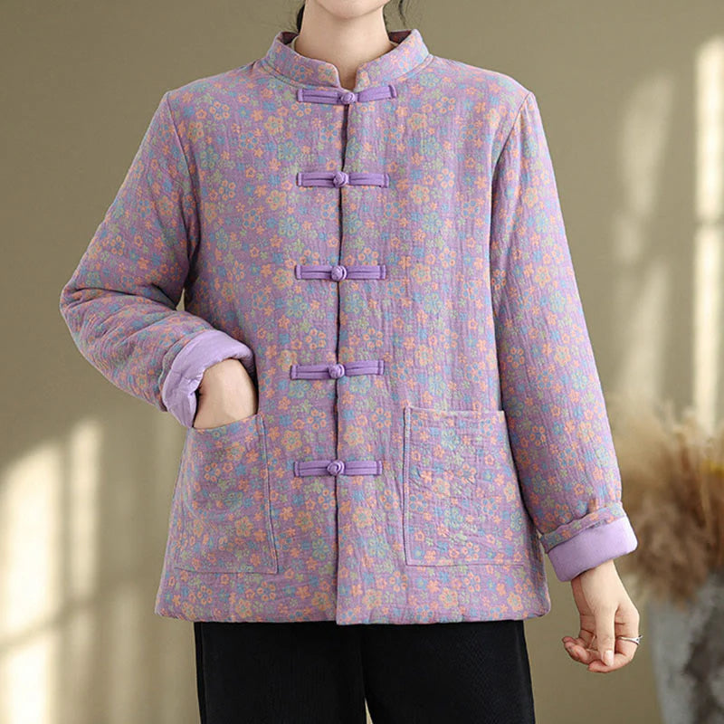 Buddha Stones Women's Winter Thicken Cotton Floral Pattern Long Sleeve Jacket With Pockets