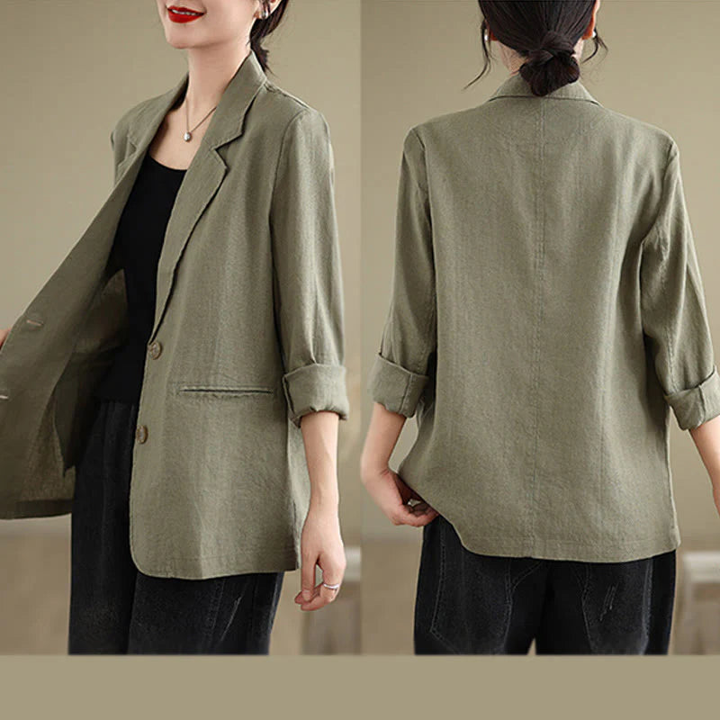 Buddha Stones Spring Solid Color Long Sleeve Cotton Linen Women's Jacket With Pockets