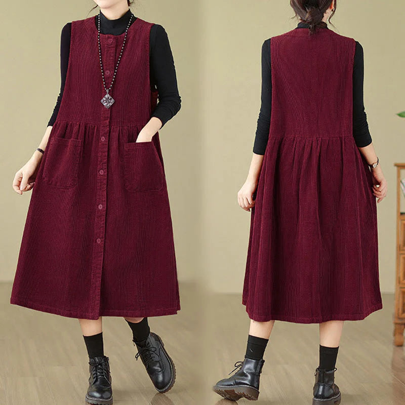 Buddha Stones Fall Retro Buttons Design Corduroy Sleeveless Midi Dress With Pockets