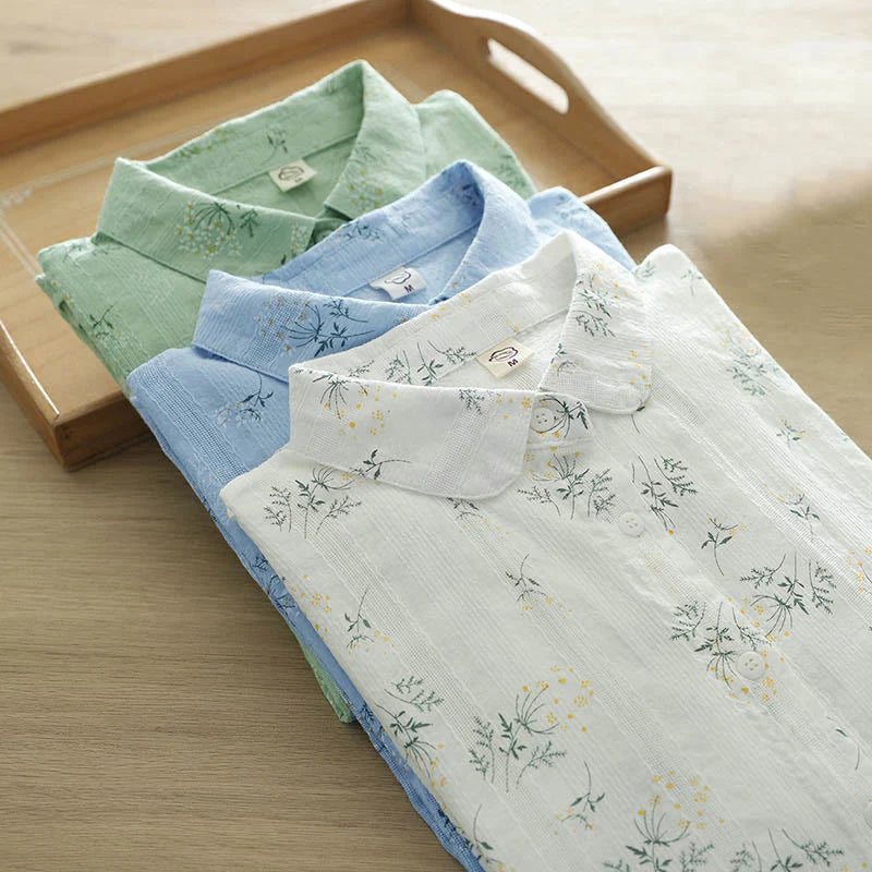 Buddha Stones Fall White Yellow Flowers Green Leaves Buttons Women's Cotton Long Sleeve Shirt