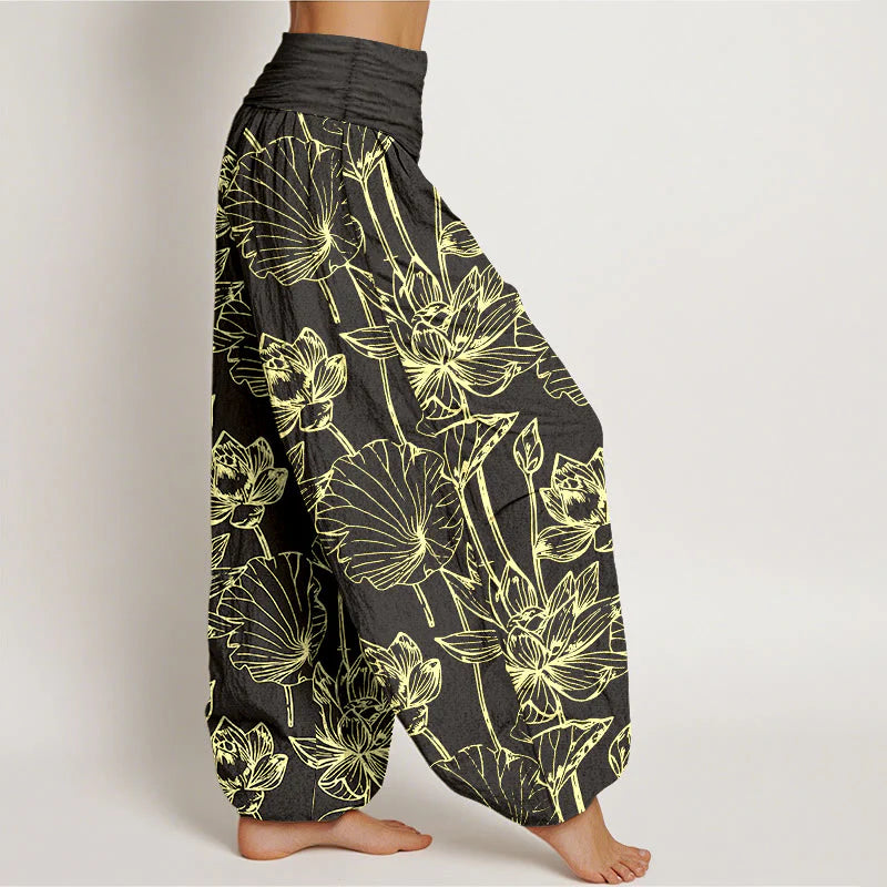 Buddha Stones Cotton Elegant Refined Lotus Flower Leaf Pattern Women's Elastic Waist Harem Pants