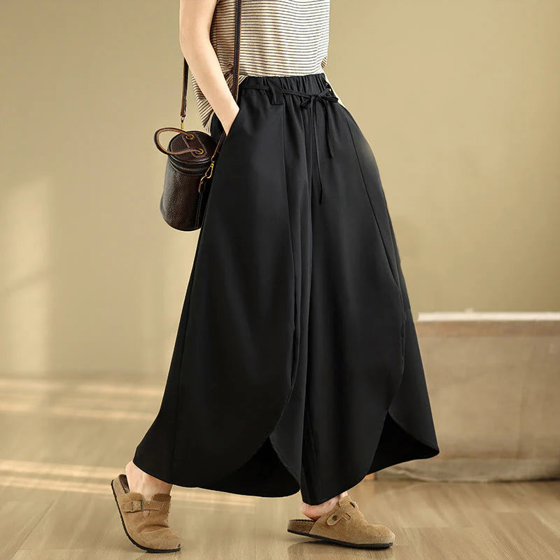 Buddha Stones Summer Vintage Lace-Up Women's Wide Leg Split Pants With Pockets