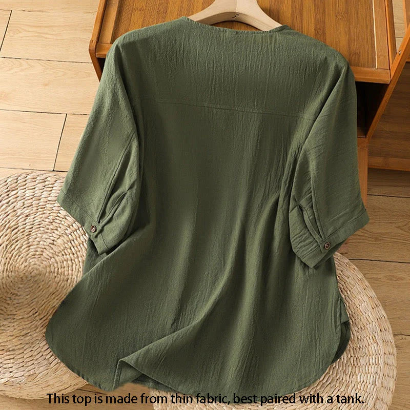 Buddha Stones Casual Plain Buttons Half Sleeve Women's Cotton Linen Shirt With Pocket