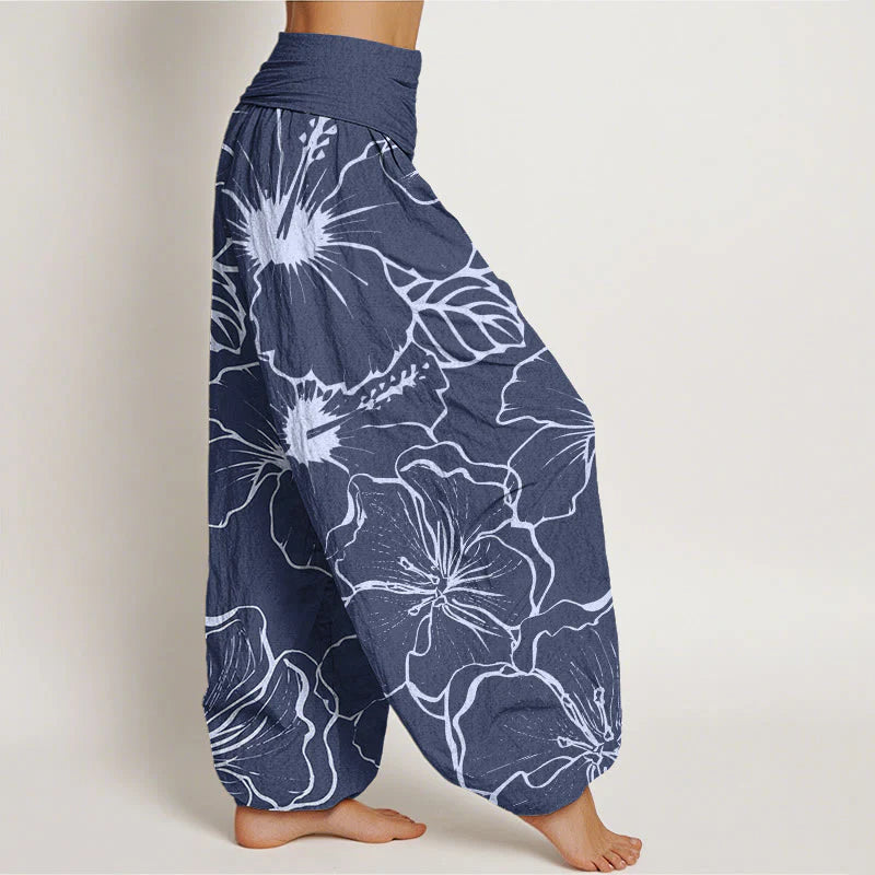 Buddha Stones Cotton Morning Glory Flowers Pattern Design Women's Elastic Waist Harem Pants