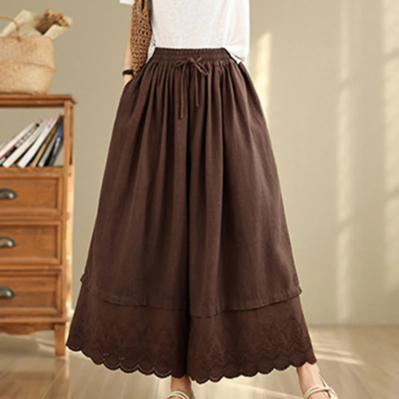 Buddha Stones Spring Embroidery Lace Hem Patchwork Drawstring Design Women's Wide Leg Cotton Pants With Pockets