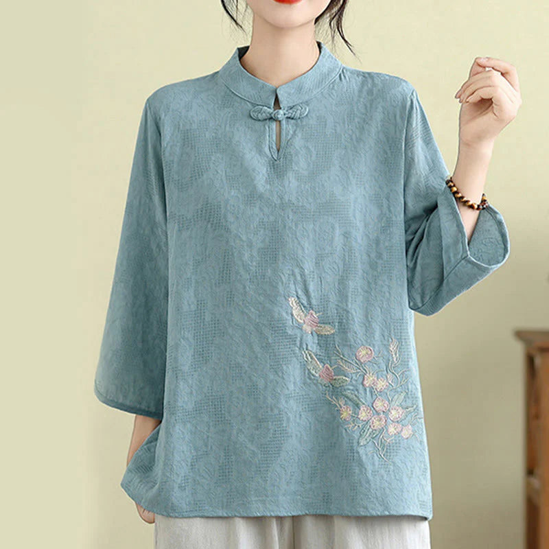 Buddha Stones Flower Embroidery Three Quarter Sleeve One Frog-Button Mandarin Collar Cotton Women's Shirt