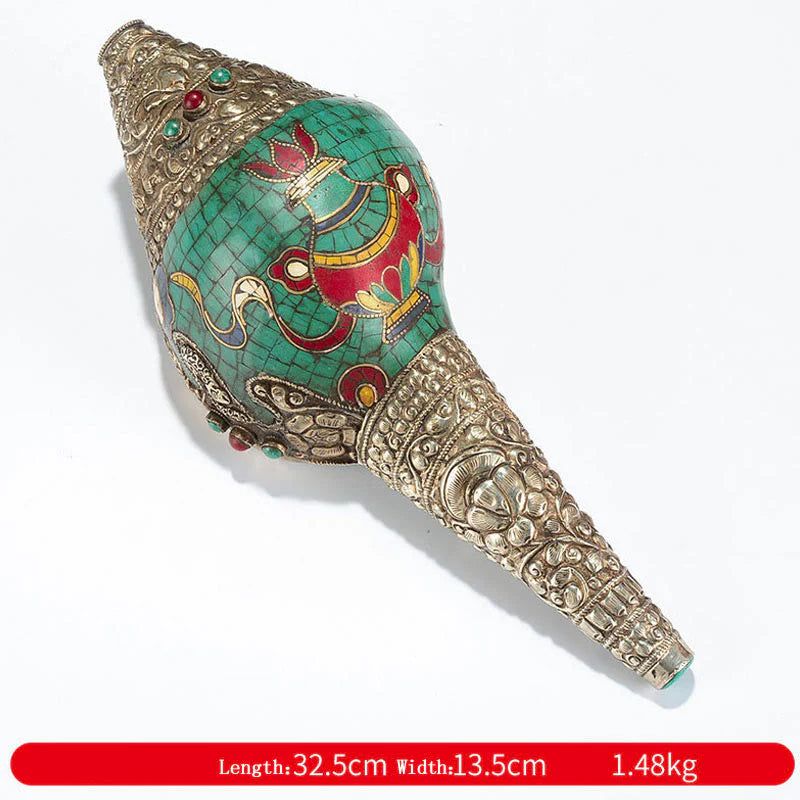 Tibetan Handmade Shankha Om Mani Padme Hum Buddha Avalokitesvara Turquoise Conch Shell Positive Decoration