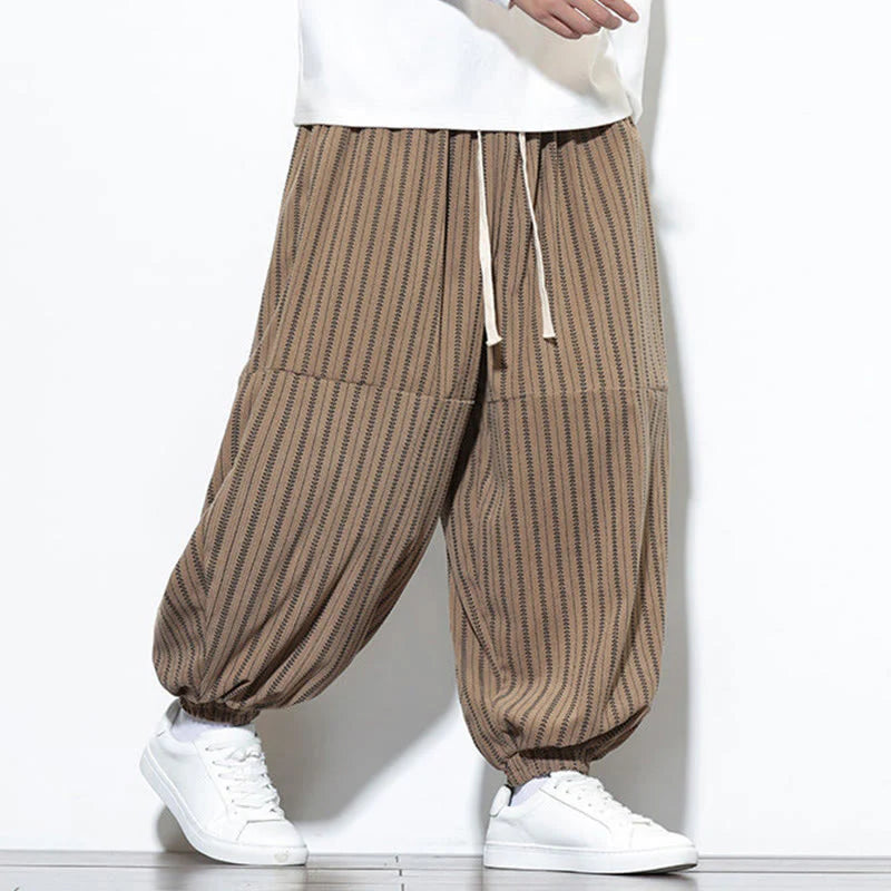 Buddha Stones Fall Striped Pattern Drawstring Men's Harem Corduroy Pants With Pockets