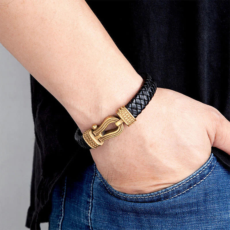 Buddha Stones Leather horseshoe-Shaped Titanium Steel Balance Braided Magnetic Buckle Bracelet