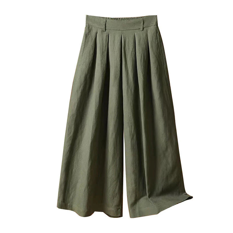Buddha Stones Summer Casual Pure Color 7-8 Length Cotton Linen Women's Wide Leg Pants