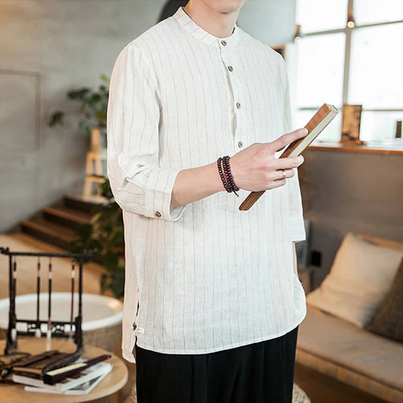 Buddha Stones Plaid Half Buttons Stand Collar Three Quarter Sleeve Cotton Men's Shirt