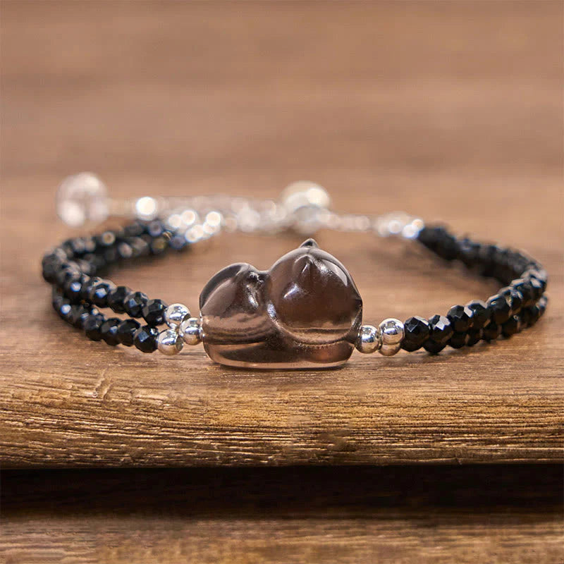 Buddha Stones Ice Obsidian Black Spinel Lying Cat Courage Double Layer Bracelet